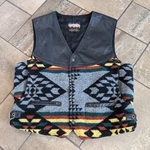 Easy Riders Moto Biker Vest Leather & Wool Aztec Print & Leather…